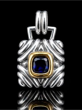 Sterling Silver 925 & 14K Gold Accent Pendant Deep Blue Stone Textured Look